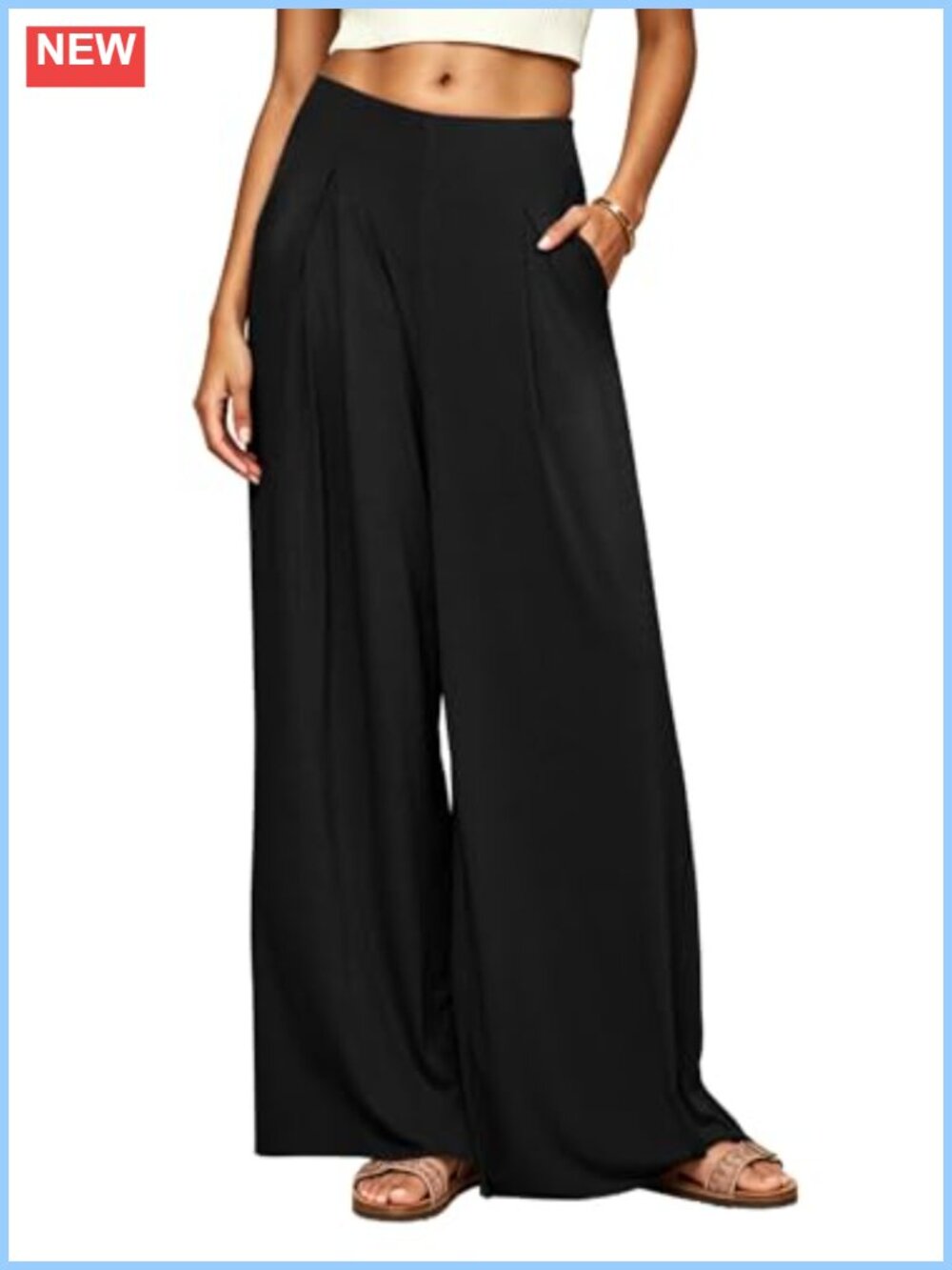 Flowy Wide Leg Palazzo Pants High Waisted Pleated Ribbed Knit Casual Trousers